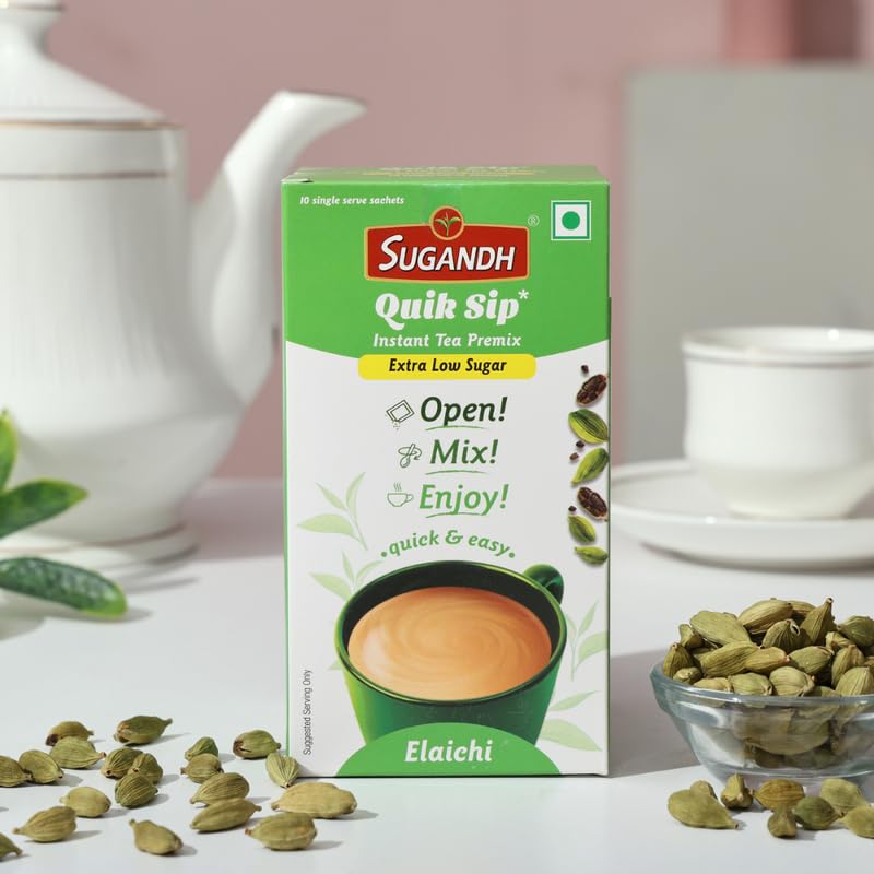 Image of Sugandh Quik Sip Instant Elaichi Chai Premix Unsweetened (Pack of 2) - Single Serve Sachets - 2 Boxes of 10 Sachets each