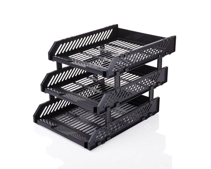 Image of File Tray Rack ABS Plastics | Foldable Office Desk Accessories | Durable & Sturdy | Easy Assembly | Efficient Organizer | Plastic Office Stationery Files Layer Rack -3LAYER (Black) (3)