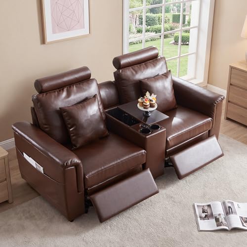 Image of RARZOE Modular Sofa Console Module with Storage, Faux Leather Storage Console with Table &USB Port&Cup Holder, Modular Sectional Sofa Module for Living Room Home Theater,Brown