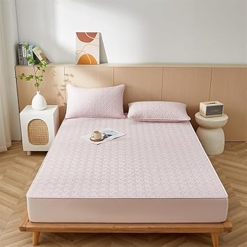 Mattress Protector, Quilted Fitted Mattress Pad Deep Pocket Up to 11" Bed Mattress Cover Noiseless Soft Breathable Washable Pink,2 Pillowcases19 x29