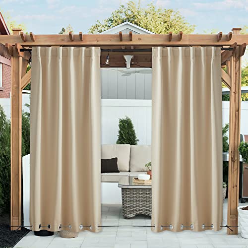 NICETOWN 2 Panels Outdoor Patio Curtains Windproof & Waterproof, Top & Bottom Grommet & Back Tab Light Blocking Drapes Keep Privacy for Yard/Porch with Ropes for Fixed, Biscotti Beige, W52 x