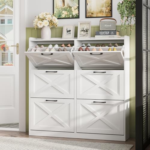 Image of Maupvit Large Shoe Storage Cabinet with 6 Flip Drawers, Freestanding Shoe Organizer with Metal Handles for Entryway, Narrow Shoe Rack Cabinet, White
