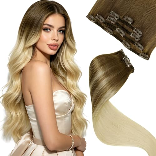 Image of LaaVoo Human Hair Clip In Extensions, For Party Wear, 20 Inch 5Pcs 80g | Muted Light Brown Blonde Ombre Real Hair Extensions Clip In Human Hair, Add Volume, Match Fine Natural Hair