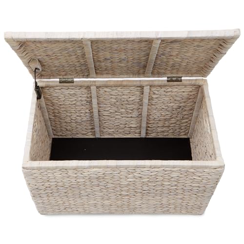 Image of Casafield 30 inch Storage Chest with Lid, Handles, and Safety Hinge - Whitewash White, Hyacinth Wicker Storage Trunk for Entry Way, Living Room, Bedroom