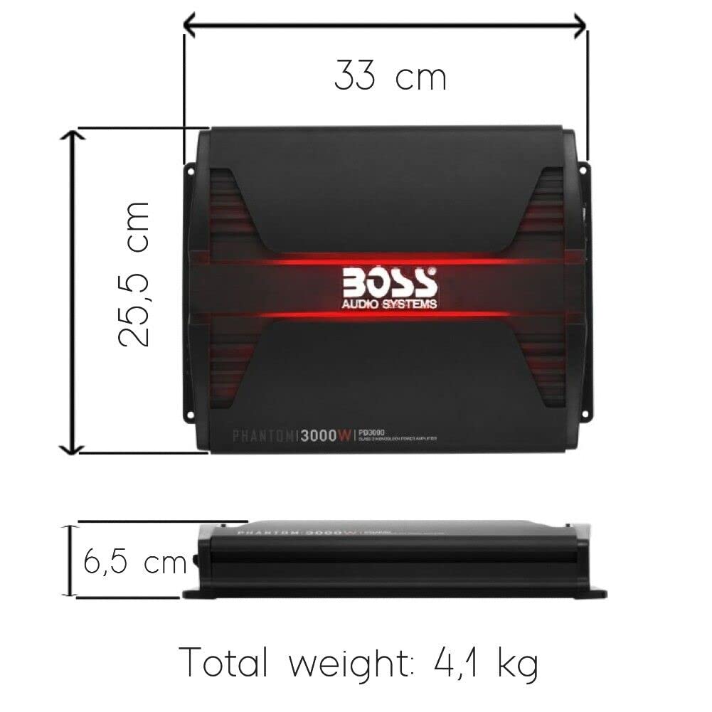 KIT SET PER BOSS AUDIO SYSTEMS PHANTOM PD3000, 1 amplificatore 1 canale, da 3000 watt max, specifico per subwoofer, classe d, con controllo remoto incluso e filtro subsonico, 1 pezzo