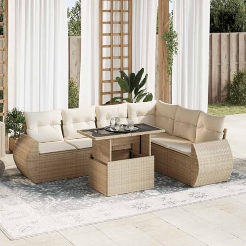 IKAYAA Rattan Gartenmöbel Set mit stauraum Polyrattan Lounge mit Verstellbare Tischplatte Balkon Lounge Gartenlounge Outdoor Lounge möbel Outdoor mit Kissen-Beige und Creme-7-tlg