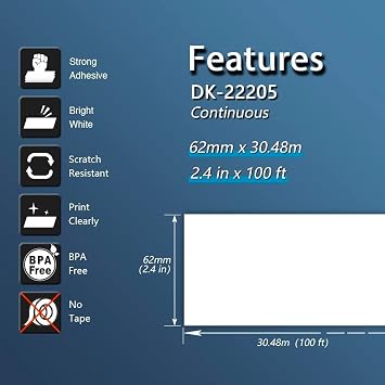 BETCKEY - 10 Rolls DK-22205 Labels, 62mm x 30.48m, 10 Continuous Length Paper Labels Compatible with Brother QL Label Printers