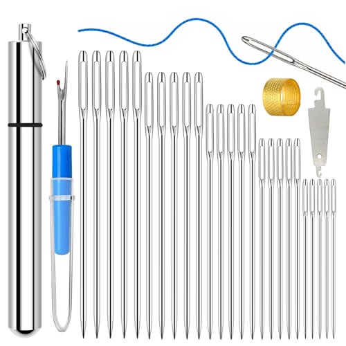 Opiniones de Agujas para coser a mano los 5 mejores. 50 KYUEWRT 25 agujas de bordado de ojos grandes, 5 tamaños de agujas de coser a mano con exquisita tina de almacenamiento de aluminio para costura, costura y proyectos hechos a mano