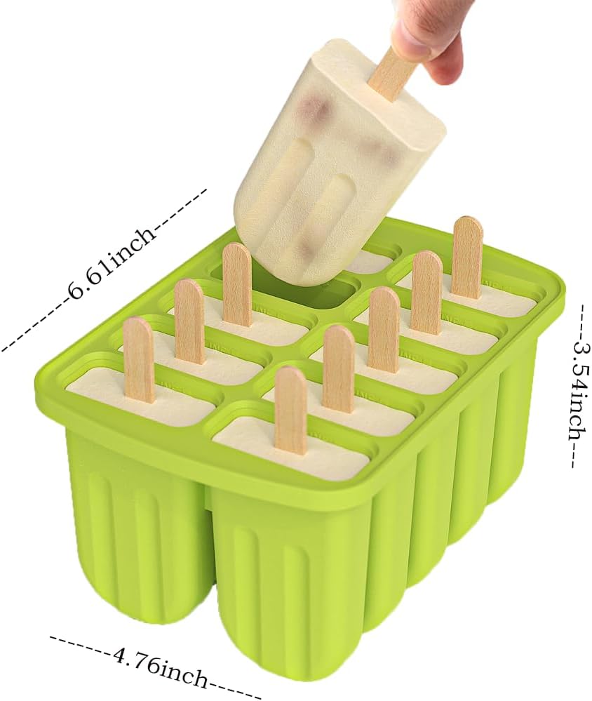 Popsicles Molds, 10 Cavity Homemade Frozen Ice Popsicle Maker-BPA Free, Silicone Freezer Molds with Sticks, DIY Ice Pop Mold for Kids Adult Teens (Green)