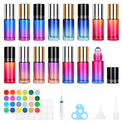 MirraSwit 15 Pcs 5ml Gradiente Roll On Aceites Esenciales, Botellas Roll On Cristal con Bolas de Acero Inoxidable, Rellenable Perfume Roll On para Masajes, Mezclas de Aromaterapia, Perfumes