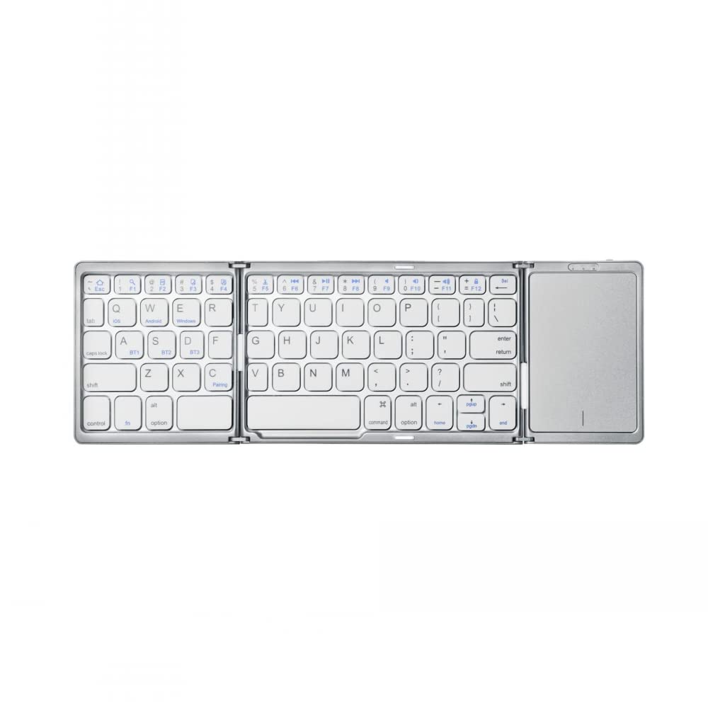 Teclado Plegable, Teclado Bluetooth Recargable de Aluminio con Mouse táctil, Teclado inalámbrico portátil para tabletas, teléfonos Inteligentes, computadoras portátiles, PC (Plata Blanco)