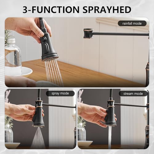 BWE Kitchen Sink Faucet with Deck Plate Single Handle Lever with Pull Down Sprayer Spring 3 Function Kitchen Faucet High Arc Farmhouse Commercial Bar Kitchen Faucets Oil Rubbed Bronze