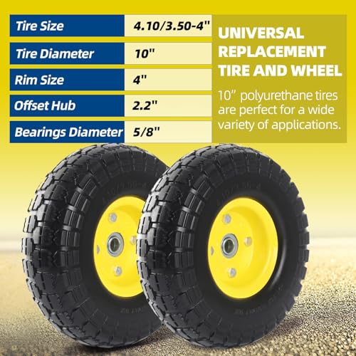 2-pack 10-inch solid tire wheels - replacement 410350-434 flat free tires and wheels with 5834 axle bore hole bearings 21734 offset hub -perfect for hand truck wheelbarrow gorilla carts