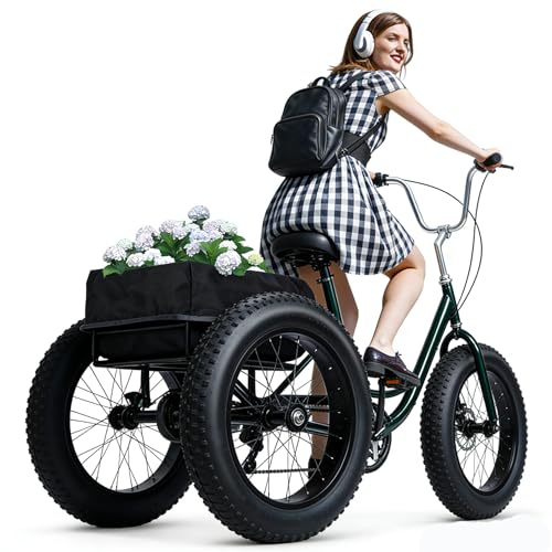 Triciclo para adultos de 20 pulgadas, bicicleta de tres ruedas con 7 velocidades y neumáticos para nieve, frenos de disco dobles, ideal para adultos mayores, triciclo de deriva con cesta espaciosa para compras y uso diario