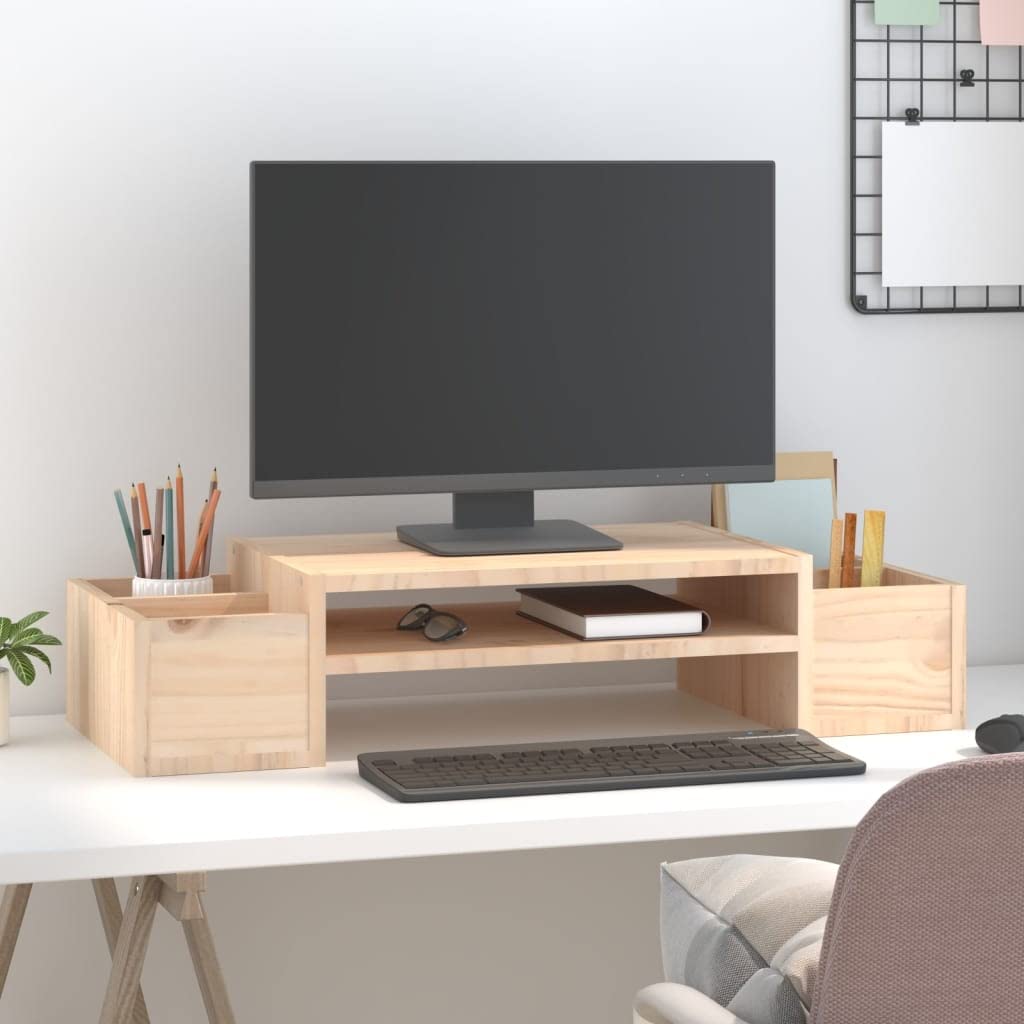 Supporto per monitor in legno di pino massiccio, 70 x 27,5 x 15 cm, supporto da scrivania con 4 ripiani, rialzo ergonomico per PC, laptop, design rustico, rialzo per monitor in legno