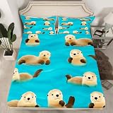 Picture of Feelyou Kids Bedding Set Cute Cartoon Otter Bed Sheet Set for Boys Girls Children Kawaii Zoo Animal Fitted Sheet Wildlife Otters Bed Cover Room Decor 2Pcs with 1 Pillow Case Twin Size
