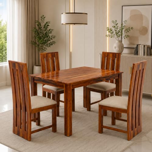 Image of Sheesham Wood 4 Seater Dining Table Set for Living Room Solid Wood Dining Table Set with 4 Chairs, Diningroom Furniture