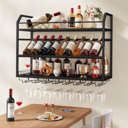 Image of Hoctieon Wall Mounted Wine Rack, 31.5 inch Wall Wine Rack for Display and Storage, Hanging Bottle Holder, for Living Room, Dining Room, Bar, Wine Cellar, Black