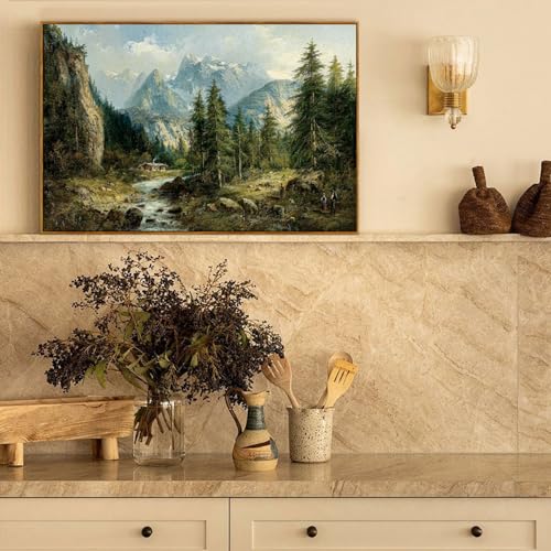 crmotu Vintage Framed Wall Art, Mountain River Landscape Canvas Painting, Pine Tree Forest Art Prints, Rustic Farmhouse Home Decorations, Pictures Wall Decor Living Room Bedroom Cottage 16x24in