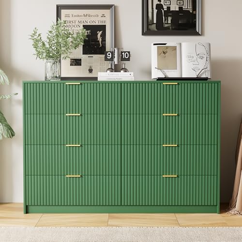 Image of Furniway Green Dresser for Bedroom, Modern Dresser with 8 Drawers and Smooth Slides, Wide Chest of Drawers with Golden Handles for Bedroom, Closet, 15.7 inch D x 55 inch W x 37.4 inch H
