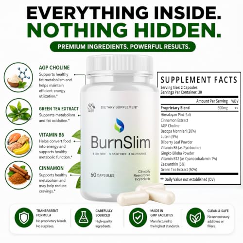 Image of Burn Slim Capsules, Official Burnslim Pills with All Natural Ingredients, Advanced Burn Slim Health and Wellness Vitamin Supplement Supporting Active Lifestyle for Women and Men (60 Capsules)