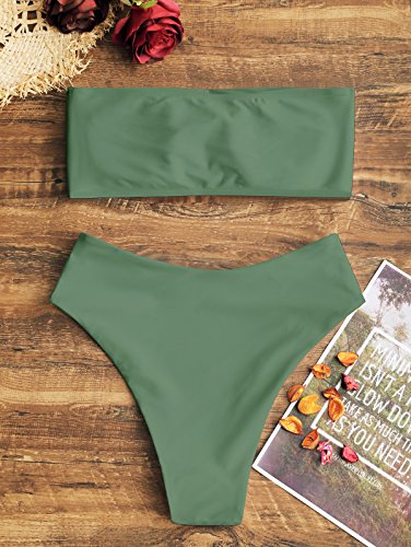 Image of ZAFUL Women's High Cut Bandeau Bikini Set Strapless Solid Color 2 Pieces Bathing Suit Swimsuit