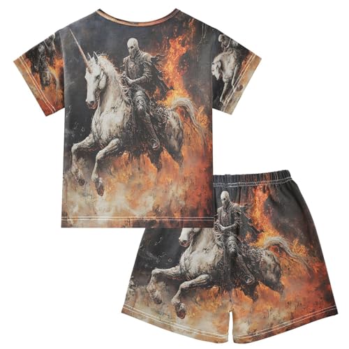 ALAZA Unicorn Sugar Skull Fire Pajamas Set Short Sleeve Cotton Sleepwear Summer Pjs 2 Piece 5-14Y2