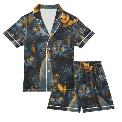 senya Cat Golden Eyes Satin Summer Pajama Sets Silk Short Sleeve Button Down Sleepwear