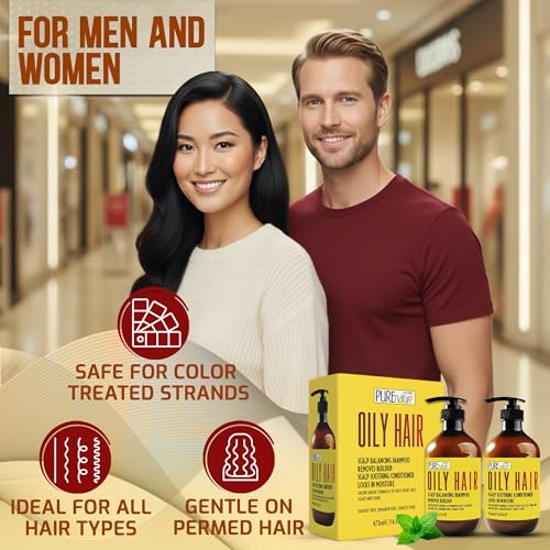 Image of Oily Hair Shampoo and Conditioner Set - Sulfate Free Moisturizing Cleanse for Oily, Flaky Scalps - Fights Dandruff and Itchiness - Salon Professional Formula - For Men and Women - 16 Fl Oz (Set of 2)