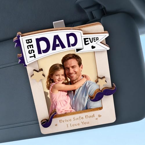 Sortnic Drive Safe Daddy Car Visor Picture Frame for Dad Wooden Car Picture Holder Visor Clip Drive Safe Dad from Kids Best Dad Ever Gift for Papa Car Accessories for Him