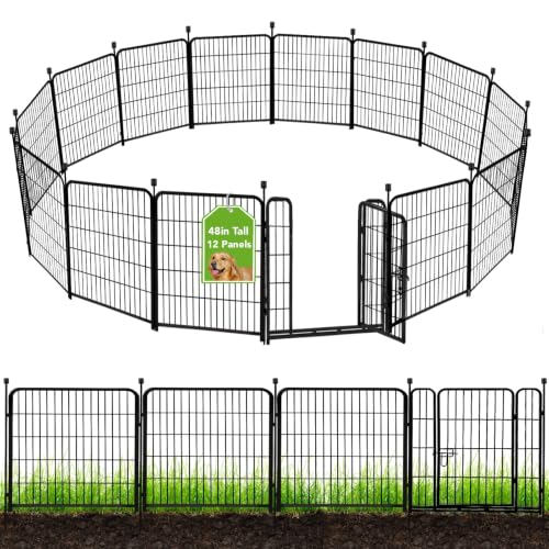 Image of ADAVIN Tall Garden Fence 48 in(H) 12 Panels Total 26.6 FT(L), Heavy Duty Iron Metal Fence and Border, Flower Bed Fencing, outdoor Animal Barrier Fences, Dog Fences with gate for the Yard Camping,Black