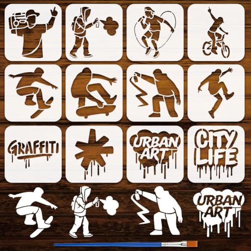FINGERINSPIRE 12Pcs Pochoir de Graffiti de Rue Avec Pinceau 15x15cm Modèle de Silhouette de Personnes Vélo Haut Parleur Skateboard Mots Modèle de Thème...