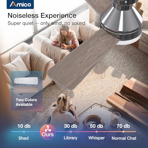 Amico Ceiling Fans with Lights, 42 inch Low Profile Ceiling Fan with Light and Remote Control, Flush Mount, Reversible, 3CCT, Dimmable, Noiseless, Nickel Ceiling Fan for Bedroom, Indoor/Outdoor Use