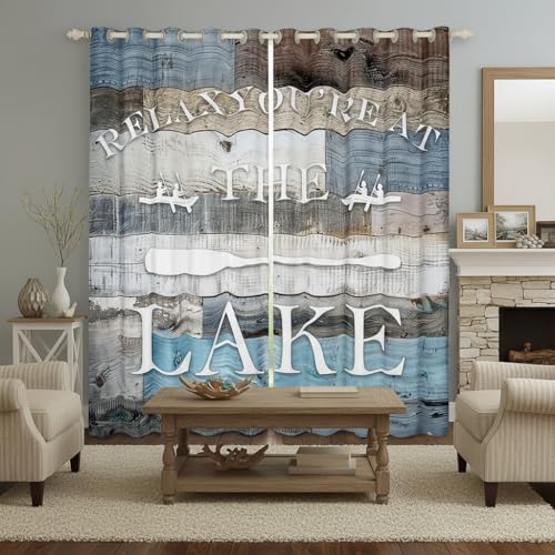 Lake House Window Curtain Rustic Farmhouse Curtains Blue Grey Retro Wooden Window Treatment Curtain for Kids Adults Men Teens Bedroom Decor,Lake Life White Cabin Window Drapes,Top 2 Panel,52Wx84L