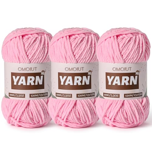 Image of 3 Packs Plush Chenille Chunky Crochet Yarn - Baby Yarn for Crocheting Soft - Velvet Yarns Knitting for Blankets Crafts - Fluffy Amigurumi Yarns 300g / 393yd (3 Dark Pink)