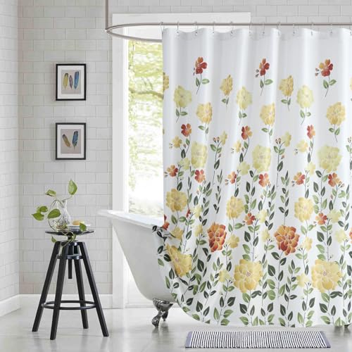BESTRIPES Fabric Floral Shower Curtain, Yellow Orange Green Flower Shower Curtains for Bathroom, Waterproof Bathroom Curtains, 72" W x 72" H