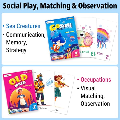 Image of Upgraded Kids Card Games Pack, 6 Decks, Go Fish, Old Maid, Crazy Eights, Memory Match, Slap Jack, War, Playing Cards, Easter Basket Stuffers, Stocking Stuffers | Go Fish, Old Maid, Crazy Eights, Memory Match, Slap Jack, War. For family nights, travel, stocking stuffers, 4+