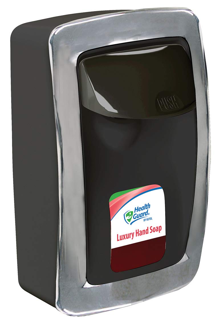 Designer Series Manual Wall Mount Dispenser for soap or sanitizer, Top Dispensing Means no leaks, Durable and Easy-to-Install, Black with Chrome Trim,