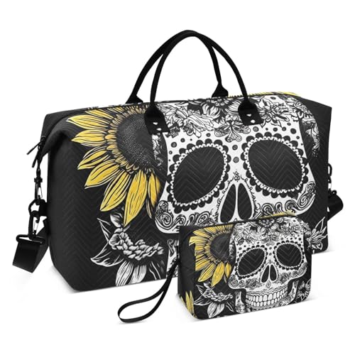 Large Travel Duffel Bag, Yellow Sunflower and Skull Sports Tote Gym Bag, Shoulder Weekender Overnight Bag for Women Men, Carry On Luggage with Toiletry Bags