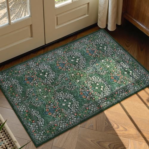 Lahome Floral Entryway Rug, 2x3 Kitchen Rugs Non Slip Washable Boho Green Forest Design, Soft Door Mat Indoor Entrance, Ultra-Thin Easy Clean Small Throw Carpet for Bedroom Bathroom, Dark Green
