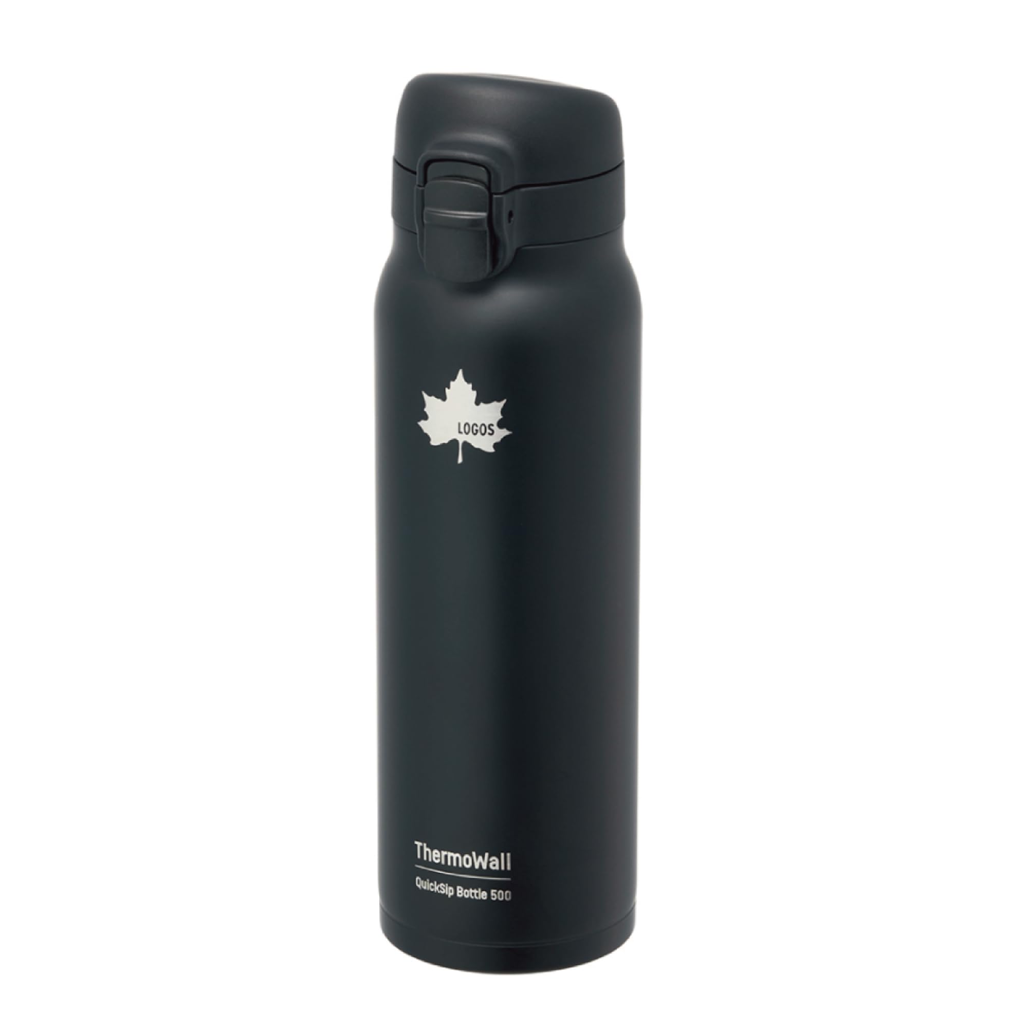 ロゴス（LOGOS） ThermoWall 真空断熱 ワンタッチボトル（Type602）500ml ブラック 81286021 キャンプ マグボトル 超薄型 スリム設計 軽量 保冷 保温 直飲