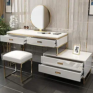 Vandana Interiors Modern White Makeup Vanity Expandable Dressing Table with Cabinet Mirror & Stool Included