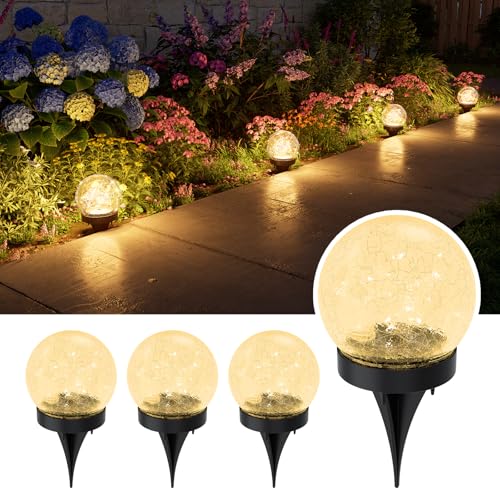 4 Pack Solar Powered Cracked Glass Globe Led Lights Outdoor Waterproof Decorative Table Ball Lamps For Outside Garden, Patio, Yard, Deck, Pathway, Backyard Decoration Easy To Install (Warm White)