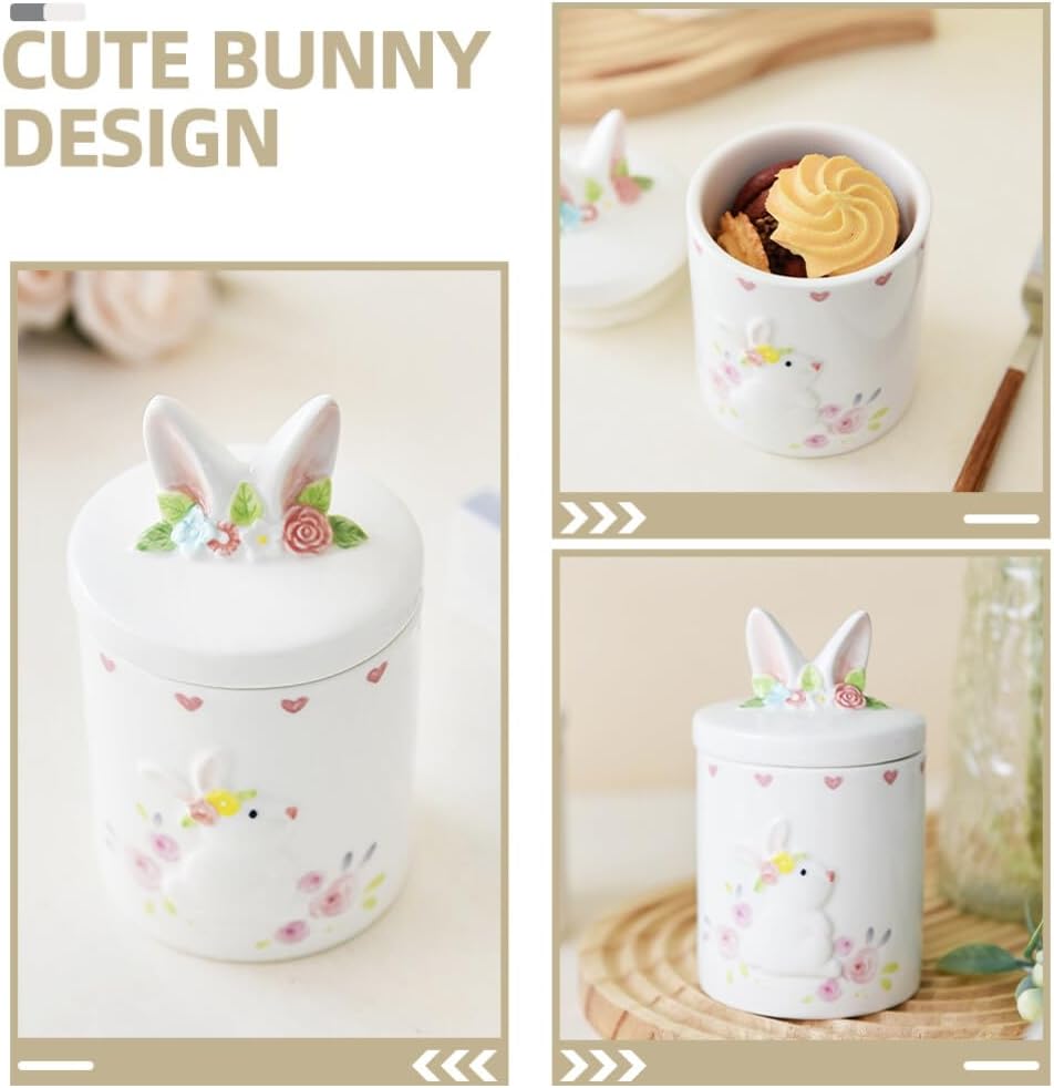BESTOYARD Ceramic Easter Bunny Cookie Jar,Candy Dish Rabbit Bowl Serving Jewelry Snack Tray Rabbit Sculpture Food Storage Canister with Lid for Eater Party Tea Cookie Table Decoration