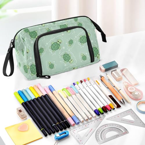 Image of Cute Turtle Green Pencil Case Pouch Big Capacity Pencil Bag Box Organizer Pen Case with Handle Pencil Cases for Girls Boys Women School College Office