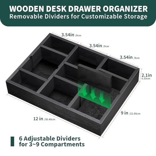 TEESSFROOD Desk Drawer Organizer Tray with 9 Adjustable Compartments, Wooden Office Desk Accessories Supplies Organization Storage for Desktop Bathroom Vanity Makeup Black