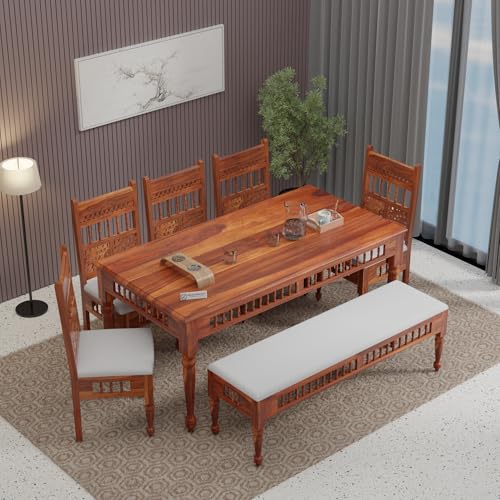 Image of Jangid Handicraft Dining Table 8 Seater | Solid Sheesham Wood 8 Seater Dinning Table Set with 5 Cushioned Chairs & 1 Bench | Rectangular Dinner Table for Home, Kitchen & Living Room, Natural Finish