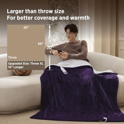 Image of Bedsure Ribbed Heated Blanket Throw XL, Purple Electric Blanket, Preheat