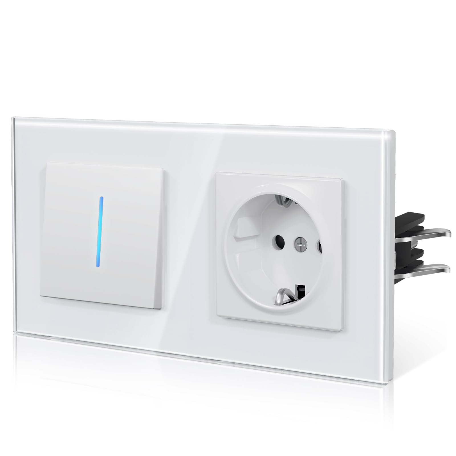 BSEED Lichtschalter mit Steckdose aus Glas, Unterputz Schalter Hintergrundlicht mit Krallen, Wechselschlter NEU E-Serie,1 Fach 1 Weg,Weiß 157mm