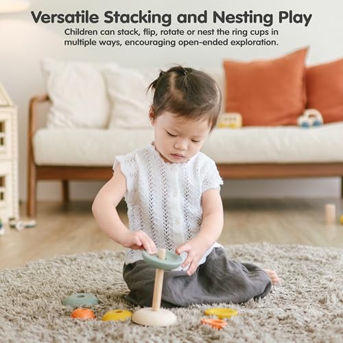 Image of PlanToys Stacking Cups Ring Wooden Montessori Size and Colour Sorting Toy | Fine Motor, Early Math and Coordination Development | Eco Friendly Educational Activity for Toddlers